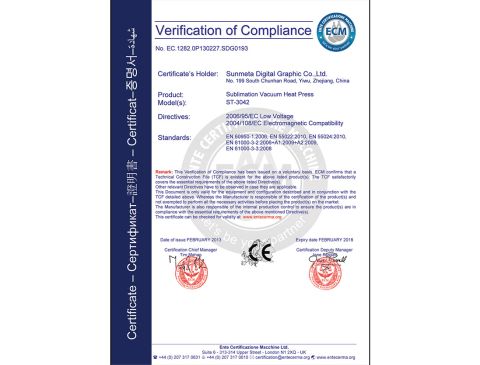 CE Certificate of Sublimation machine ST-3042 certificate of Yiwu Sunmeta Technology Co., Ltd. – certificate photo, supplier certificates section