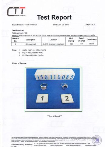 Lead and cadmium report certificate from YLY JEWELLERY CO., LTD.