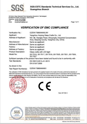 CE EMC certificate from Yangzhou Huiying Glass Crafts Co., Ltd.
