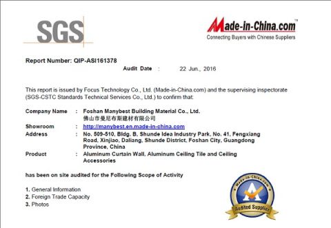 SGS certificate from Manybest Building Materials Co., Ltd.