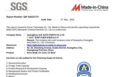 SGS Certification certificate from GuangZhou GJF AUTO PARTS CO.,LTD