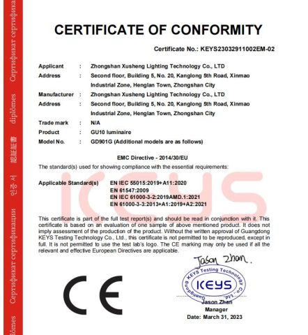 CE of GU10 luminaire certificate from Zhongshan Xusheng Lighting Co., Ltd.