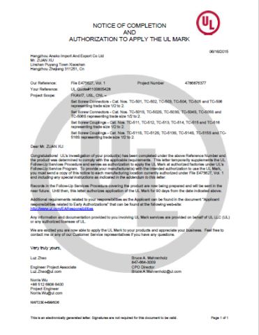 EMT CONNECTORS AND COUPLINGS ZINC AND STEEL certificate from HANGZHOU ANAKO IMPORT AND EXPORT CO., LTD.