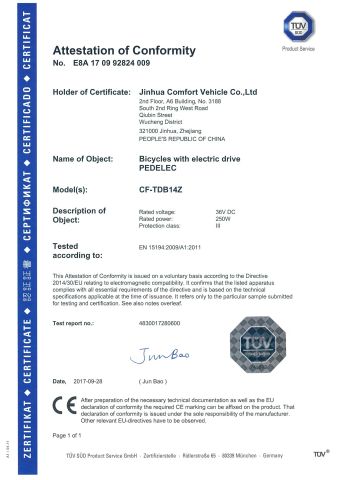 CF-TDB14Z 28inch Electric bike certificate from Jinhua Leichten Electric Technology Co., Ltd.