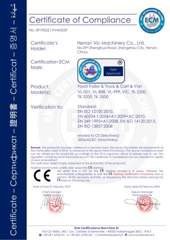 Mobile food trailer CE certificate from Henan VIC Machinery Co., Ltd.