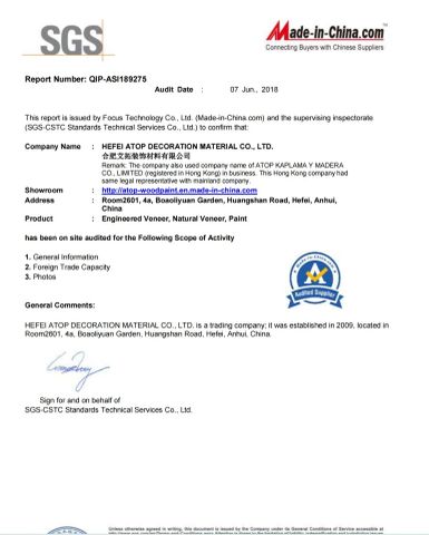 SGS REPORT certificate of HEFEI ATOP DECORATION MATERIAL CO., LTD. – certificate photo, supplier certificates section