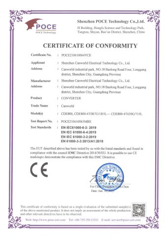 Canworld CDE800 CE(EMC+LVD) certificate from Shenzhen Canworld Electrical Technology Co., Ltd