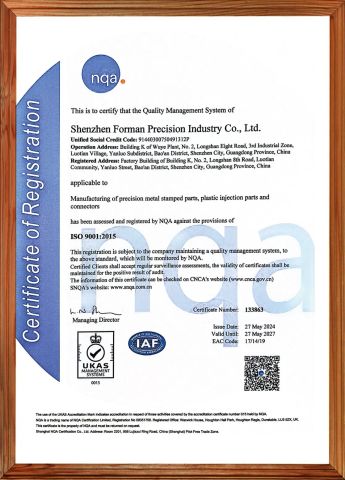 ISO 9001 certificate from Shenzhen Forman Precision Industry Co., Ltd.