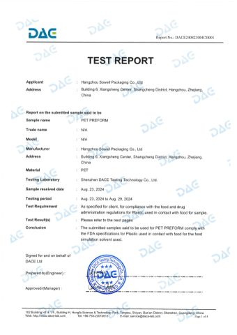 FDA certificate of Hangzhou Sowell Packaging Co., Ltd – certificate photo, supplier certificates section