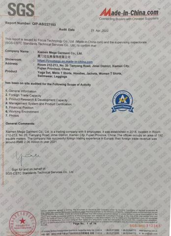 sgs certificate from Xiamen Mega Garment Co., Ltd.