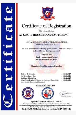ISO Certification certificate from AJ GROW HOUSE MANUFACTURING