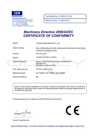 Four Post Car Lift certificate of Yancheng Oddly Machinery Co., Ltd. – certificate photo, supplier certificates section
