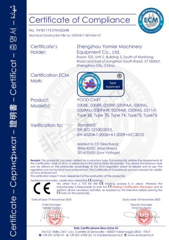 CE certificate from Zhengzhou Yomier Machinery Equipment Co., Ltd.