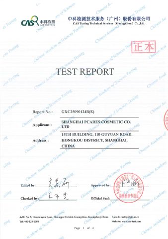 TEST REPORT 02 certificate from Shanghai Pcares Cosmetic Co. Ltd