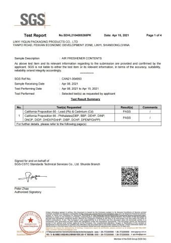CP65 certificate from Linyi Yiqun Packaging Products Co., Ltd.