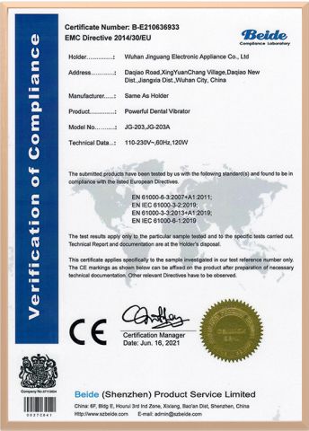 Dental Vibrator (EMC) certificate from Wuhan Jinguang Medical Technology Co., Ltd.
