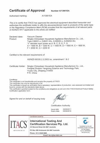 SAA CERTIFICATION certificate of NingBo ChinaClean Household Appliances Manufacture Co., Ltd. – certificate photo, supplier certificates section