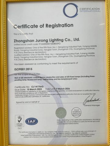 iso9001 certificate from Zhongshan Jurong Lighting company limited