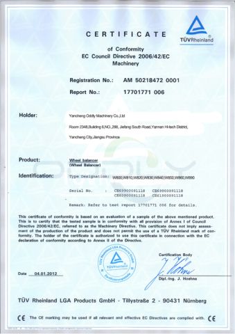 wheel balancer certificate of Yancheng Oddly Machinery Co., Ltd. – certificate photo, supplier certificates section