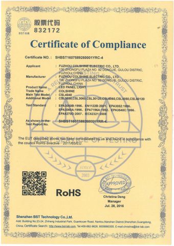 RoHS of led panel lights certificate from Fuzhou Colshine Electric Co., Ltd.