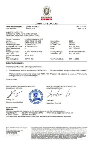 ASTM certificate from Shantou Xinbo Toys Co., Ltd.
