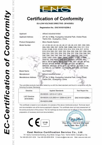Micro needle system CE -2 certificate from Guangzhou allfond electronics co.,ltd