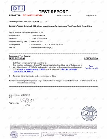 REACH of Transformers certificate from IKP ELECTRONICS CO., LTD.