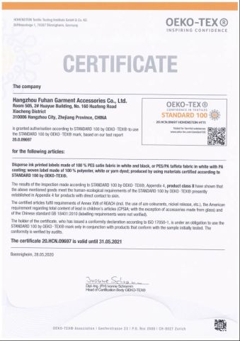 OEKO-TEX certificate from Hangzhou Fuhan Garment Accessories Co., Ltd.