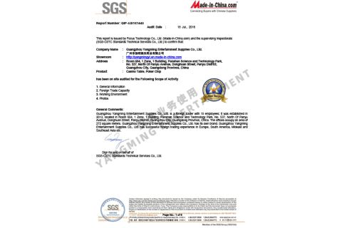 SGS Certification certificate from Guangzhou Yangming Entertainment Products Co., LTD