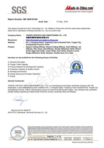 SGS CERTIFICATE certificate from YINGDE VENTECH AIR CONDITIONING CO., LTD.