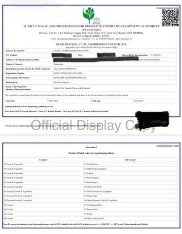 APEDA REGISTRATION certificate from GLOBAL INDIA EXPORT SOLUTIONS