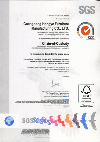FSC Forest Certified Approved by SGS Office Furniture certificate from Guangdong Hongye Shengda Furniture Co., Ltd.