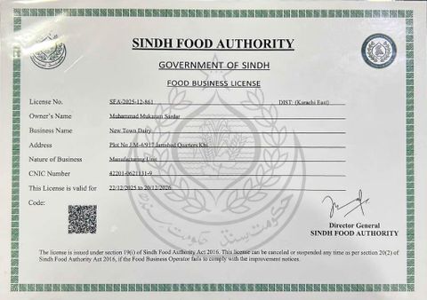 Food Business License certificate from New Town Dairy
