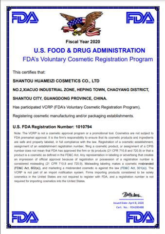 FDA's Voluntary Cosmetic Registration Program certificate from Guangzhou EmbAroma Cosmetics Co., Ltd.