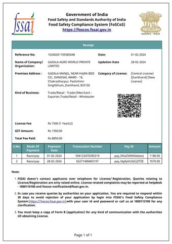 Food Safety and Standards Authority of India (FSSAI) certificate from Gazala Agroworld Pvt Ltd