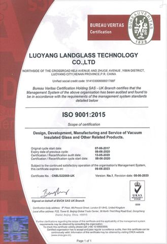 ISO9001:2015 certificate from Luoyang LandGlass Technology Co., Ltd.