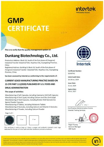 GMP certificates certificate of Dunkang Biotechnology Co., Ltd. – certificate photo, supplier certificates section
