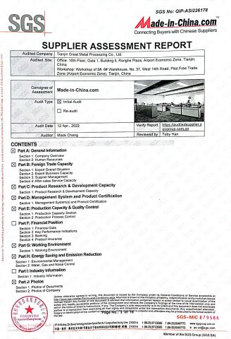 SGS certificate from Tianjin Great Metal Processing Co., Ltd.