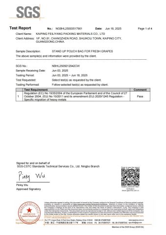 Pouch bag food grade certificate from KAIPING FEILIYANG PACKING MATERIALS CO., LTD.