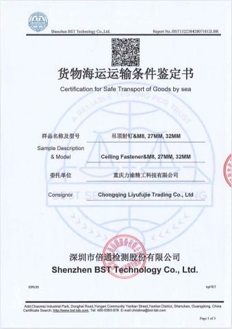 Certification for Safe Transport of Goods by sea certificate from Chongqing Leeyu Fasteners Technology Co., Ltd.