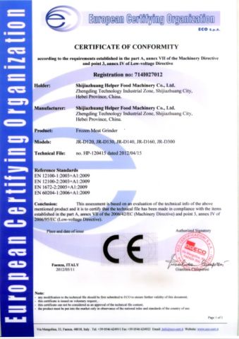 CE Certificate certificate from Shijiazhuang Helper Food Machinery Co., Ltd.