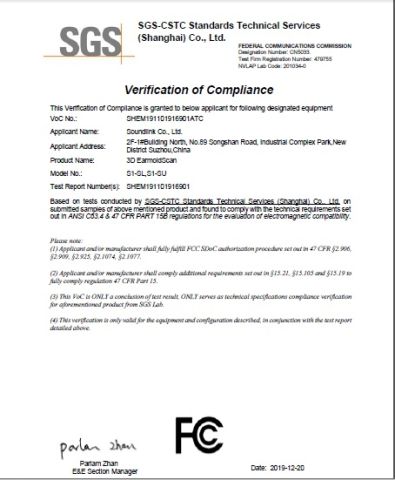 3D scanner FCC certificate from Soundlink Co., Ltd.