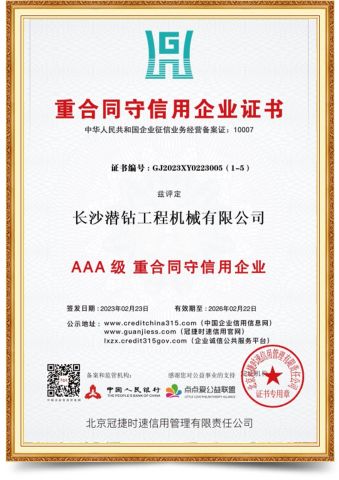 Enterprise certificate of honoring contracts and keeping promises certificate of Changsha DTH Drill Construction Machinery Co., Ltd. – certificate photo, supplier certificates section