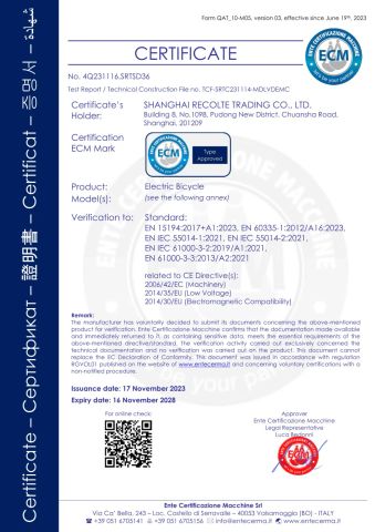 Electric Bicycle certificate from Shanghai Recolte Electronic&Mechanical Equipment Co., Ltd