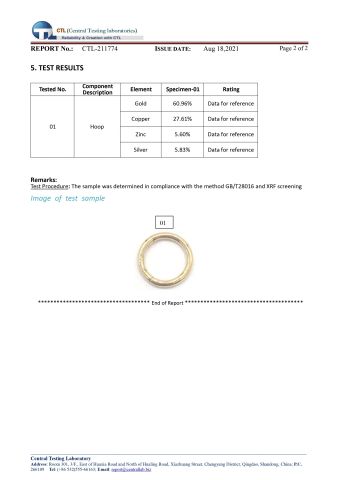 14K Solid Gold Test Report certificate from Qingdao Jurenxinyuan International Trade Co., Ltd.