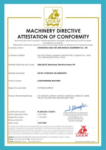laser marking machine certificate from Shandong Dadi Cnc Mechanical Equipment Co., Ltd.