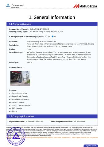 Certificates certificate from Ma 'anshan Sheng Ao Heavy Industry Co., Ltd