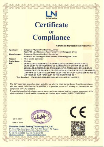 Media converter LVD certificate from Dongguan Phynam Comtech Co., Ltd.