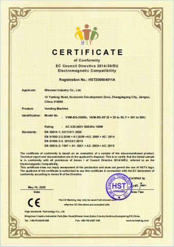 Vending Machine CE-EMC certificate from Winnsen Industry Co., Ltd.