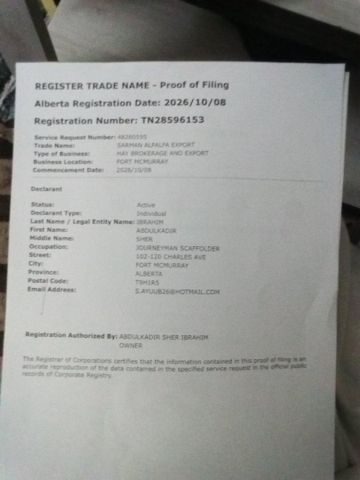 Business Registration Certificate. certificate from SARMAN ALFALFA EXPORT